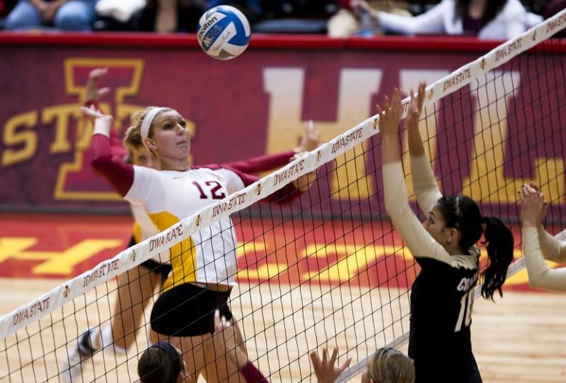 Iowa States Debbie Stadick hits the ball to Colorado during the first set of the Cyclones match against the Buffaloes on Tuesday, Nov. 16 in Hilton Coliseum. The Cyclones won in a three-game sweep.