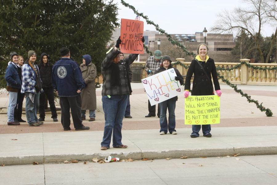 Protestors gather at a counter-rally Nov. 20 at the Iowa State Capitol in Des Moines. They were protesting a scheduled White Pride Day rally organized by the American National Socialist Party based in Chillicothe, Ohio.