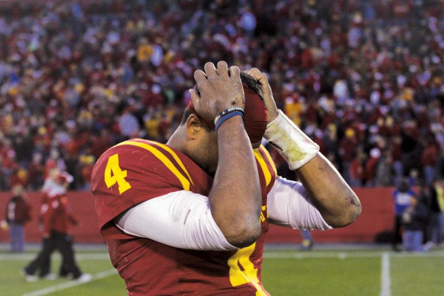 Quarterback Austen Arnaud reacts to the end of the game between Iowa State and Nebraska on Saturday. Nebraska defeated the Cyclones 31-30 in overtime.