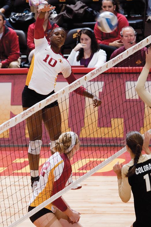 Outside hitter Victoria Henson jumps for a kill against Colorado on Tuesday, Nov. 16 in Hilton Coliseum. The Cyclones won in a three-game sweep.  
