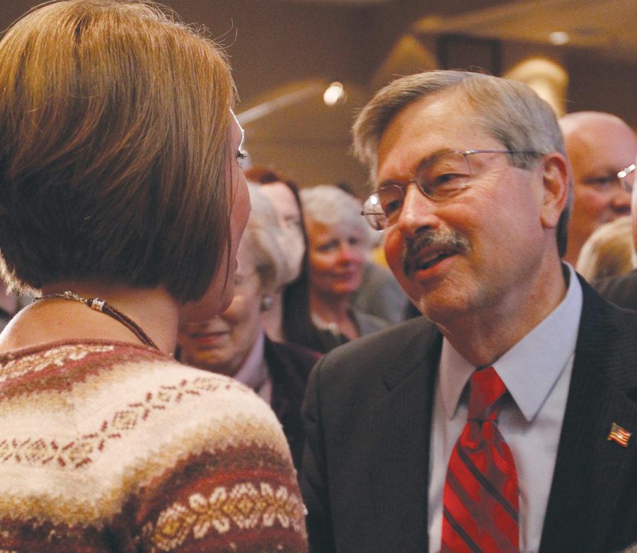 Branstad takes with the public after learning about defeating Democratic opponents Chet Culver and Patti Judge on Tuesday in West Des Moines. Branstad said he would work to bring the state out of debt and restore stability to Iowas economy. 