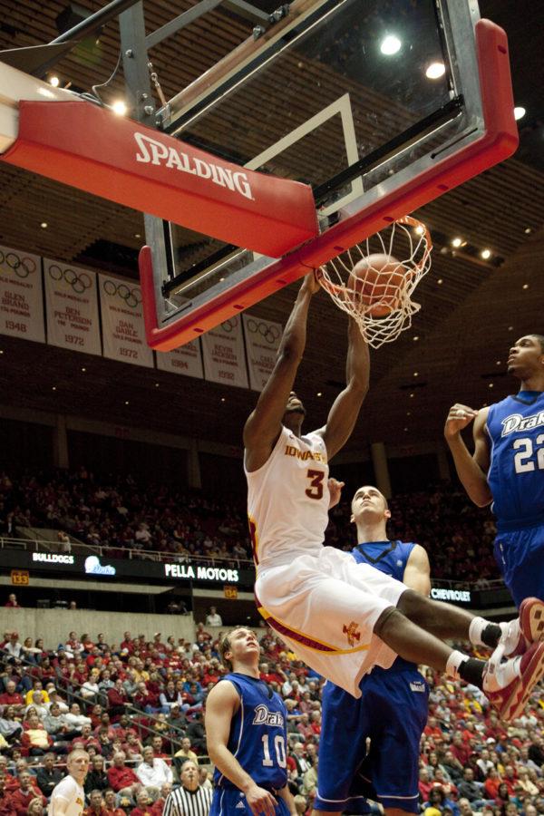 Melvin+Ejim+dunks+the+ball+in+the+final+half+of+Wednesdays+game+against+the+Drake+Bulldogs.+The+Cyclones+defeated+the+Bulldogs+91-43.+