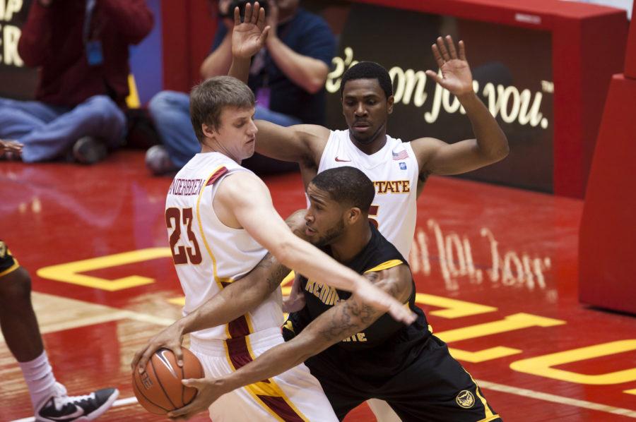 Iowa States Jamie Vanderbeken and Darion Jake Anderson defend for Iowa State during the Cyclones game against Kennesaw State on Wednesday, Nov. 24 in Hilton Coliseum. The Cyclones beat the Owls 91-51.