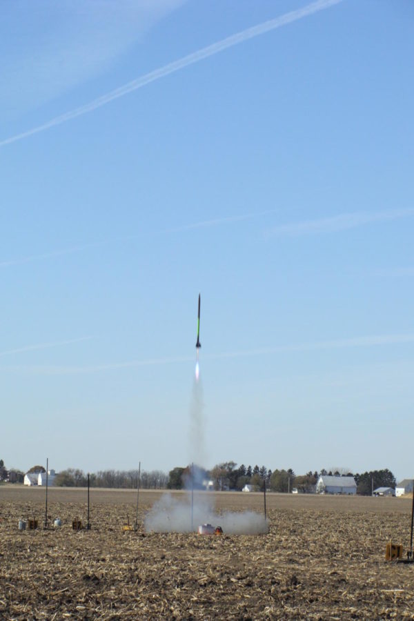 The ISU rockoon group from the Space Systems and Controls Lab launches a test rocket filled with electronics Saturday, Oct. 30 at the Midwest Power rocket launch in Princeton, Ill.