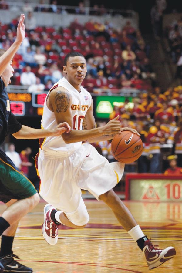 Diante Garrett, guard, drives into the lane and scores Monday, Nov. 2, 2009, at Hilton Coliseum. Garrett ended with eight points in the victory against Black Hills State.
