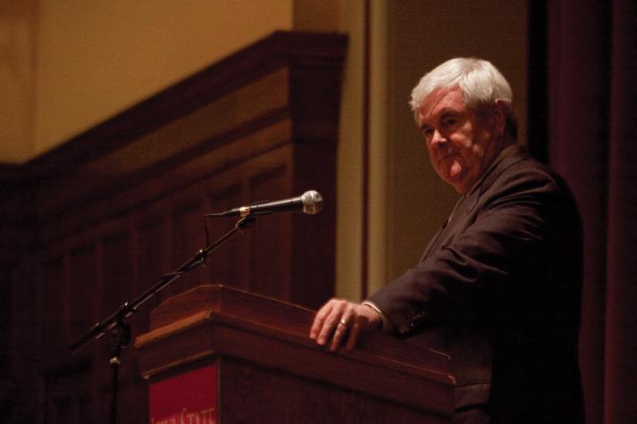 Newt Gingrich, co-author of novel Valley Forge, gives a lecture in the Great Hall of Memorial Union on Tuesday. Gingrich talks that the novels background and his personal experience.