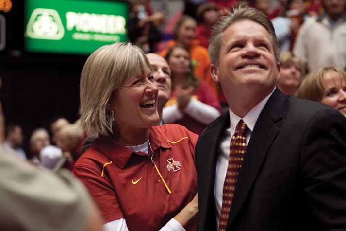 ISU womens basketball coach Bill Fennelly and his wife, Deb Fennelly, react while watching a video that was shown after the Cyclones victory Nov. 15, 2010 at Hilton Coliseum. The Cyclones won 64-46. This marked Fennellys 500th victory.
