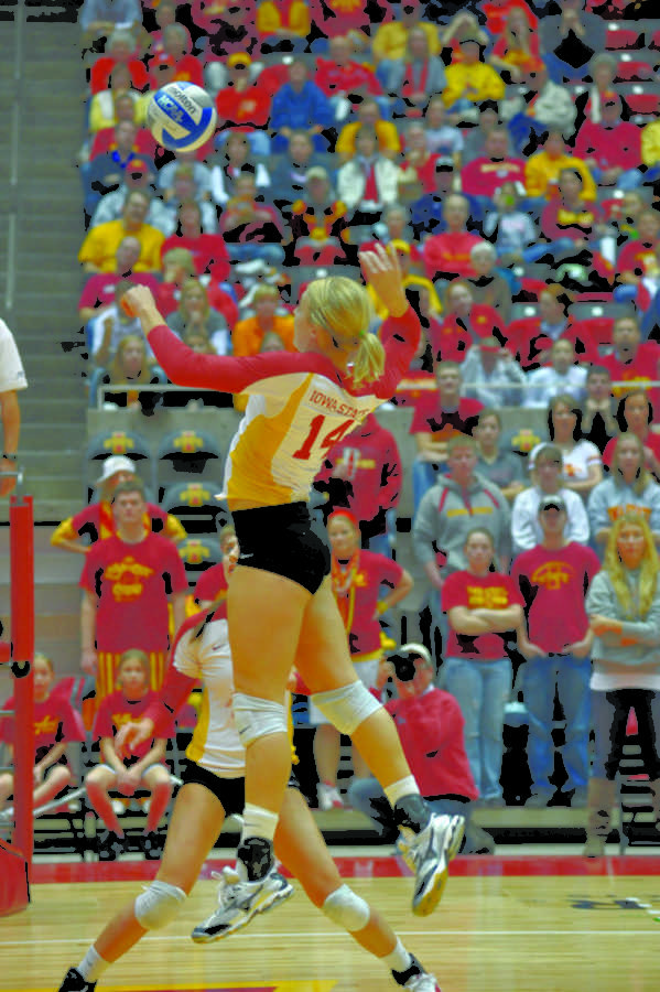 Cyclone Jamie Straube attempts to spike the ball during the game against Missouri on Saturday, Nov. 6, at Hilton Coliseum. Iowa State was defeated by Missouri 3-1. 