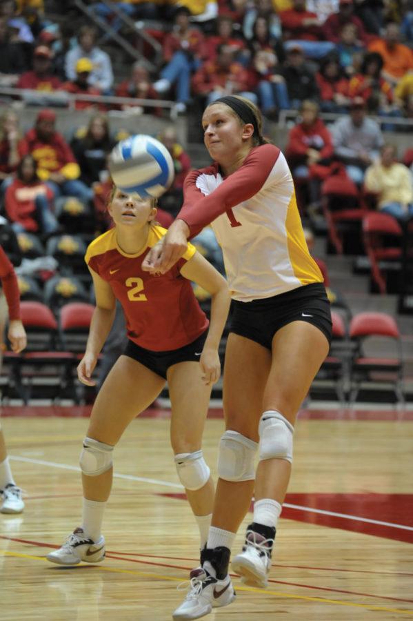 Cyclone Carly Jenson bumps the ball during the game against Missouri on Saturday, Nov. 6, at Hilton Coliseum. Iowa State was defeated by Missouri 3-1. 