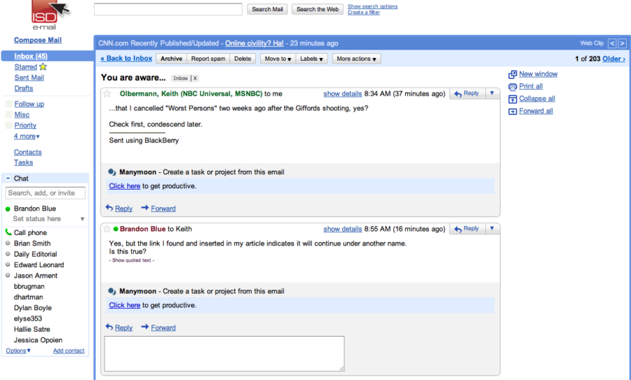 Screenshot depicting MSNBCs Keith Olbermanns correspondence with Iowa State Daily columnist Brandon Blue.