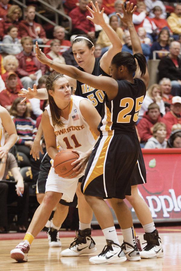 Kelsey Bolte looks for an opening in the Tigers defense Saturday at Hilton Coliseum. Iowa State beat Missouri with a score 71-56.