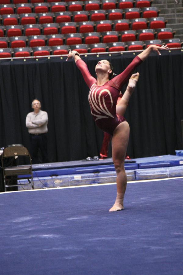Michelle Shealy participates in the floor exercise during Fridays meet with Auburn at Hilton Coliseum. Shealy helped the Cyclones defeat the Tigers 193.475 – 192.775. 