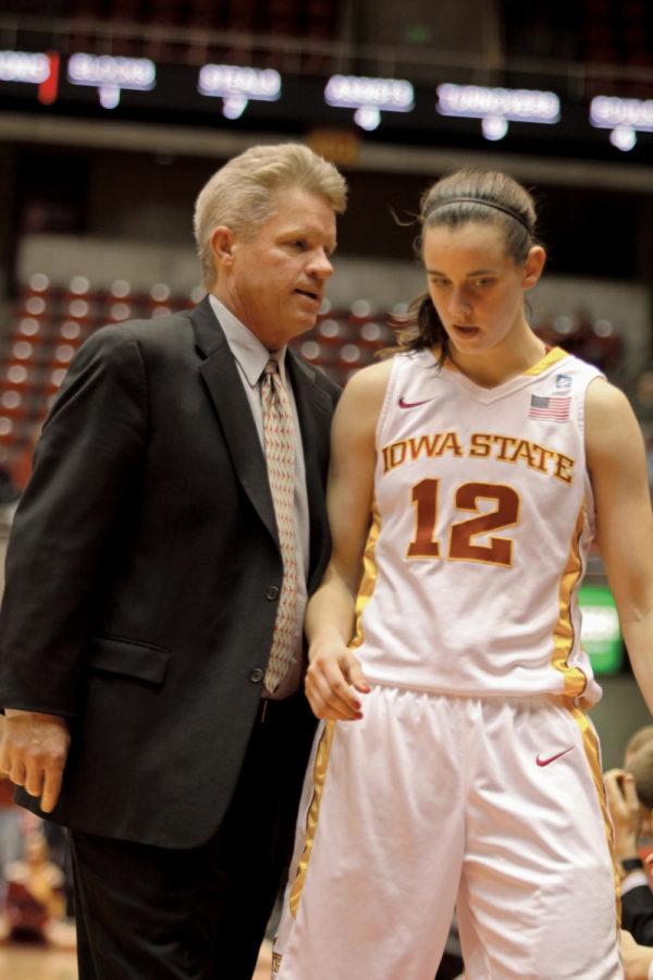 ISU+coach+Bill+Fennelly+talks+with+forward%2Fguard+Jessica+Schroll+after+pulling+her+out+of+a+play+during+the+second+half+of+the+Iowa+State-Columbia+game+Dec.+11%2C+2010+at+Hilton+Coliseum.+The+Cyclones+defeated+the+Lions+73-27.