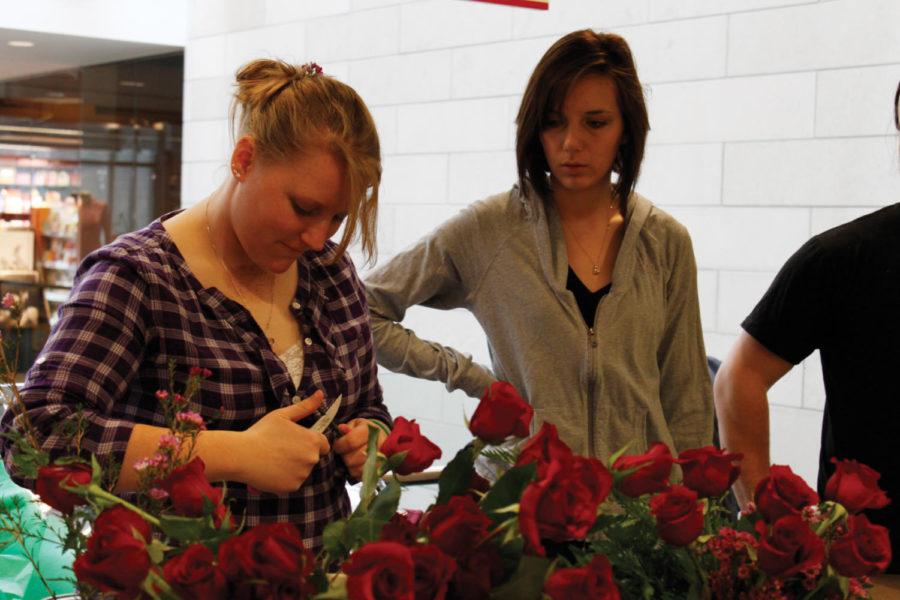 Peggy Johnson, sophomore in horticulture, cuts the stem of a long-stemmed red rose Monday outside the University Book Store in the Memorial Union. The Horticulture Club had 200 red roses they were hoping to sell to those looking for last-minute Valentines Day gifts.