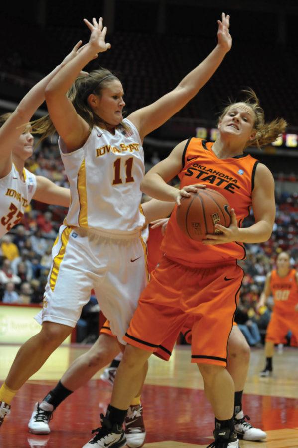Guard Kelsey Bolte tries to defend from Oklahoma State on Wednesday, Feb. 2 at Hilton Coliseum. 