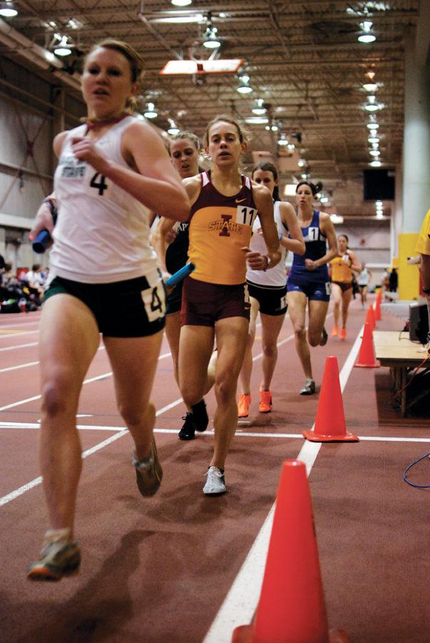 Sophomore Taylor Petersen competes in the womens distance medley relay Friday night during the Iowa State  Open at Lied Recreational Athletic Center.