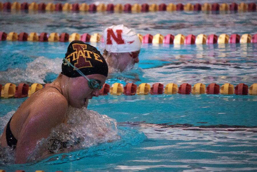 Emily+Wiltsie%2C+freshman+on+the+Cyclone+swim+team%2C+competes+against+Kristin+Strecker%2C+freshman+on+the+Nebraska+swim+team%2C+during+the+200-yard+breaststroke+event+Saturday+Jan.+29+at+Beyer+Hall.+Wiltsie+pulled+ahead+and+beat+Strecker+by+1.43+seconds.