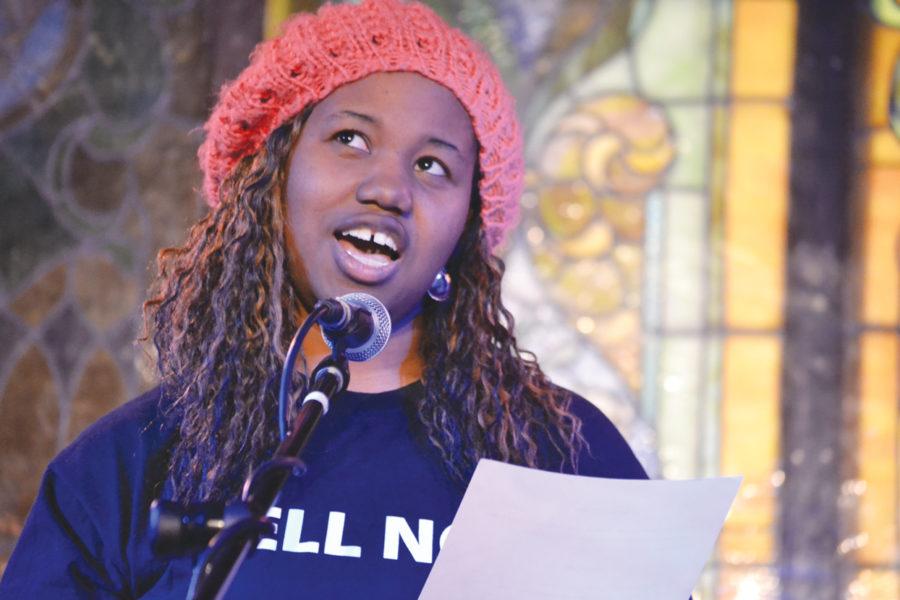 Reonda Washington, who works at the Thielen Student Health Center, rehearses on Tuesday, Feb. 8 at the M-Shop for The Vagina Monologues, which will be performed as part of the V-Day events at Iowa State.