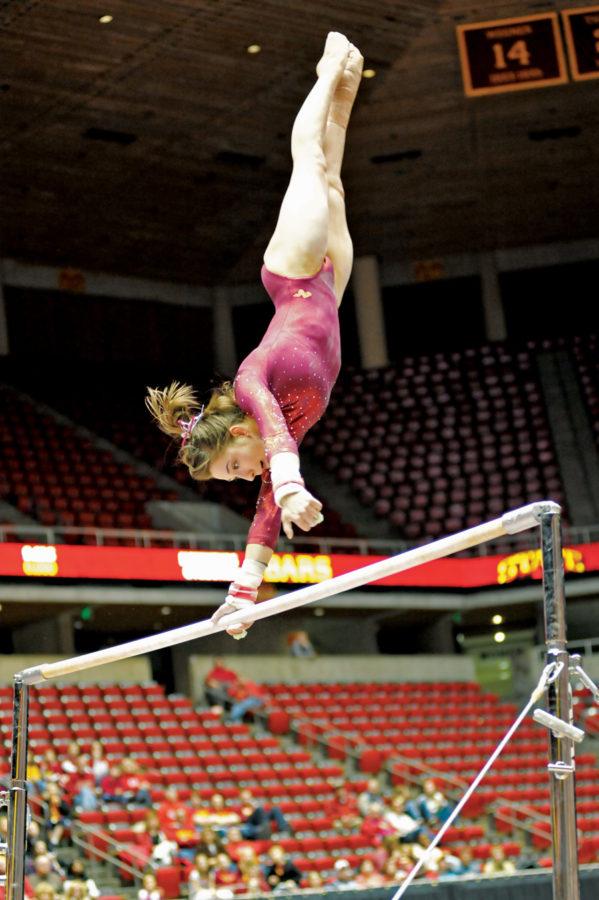 Camille Santerre-Gervais during the bar event in the Iowa State - Iowa match held Friday, Feb 18 at Hilton Coliseum.