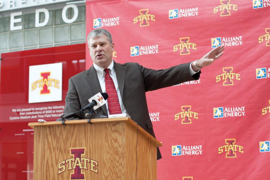 Paul Phoads, Iowa state head football coach, speaks during a
press conference on Feb. 2 in the Jacobson Building. Rhoads and the
Cyclones opened fall camp Aug. 5 with their annual Media Day.

