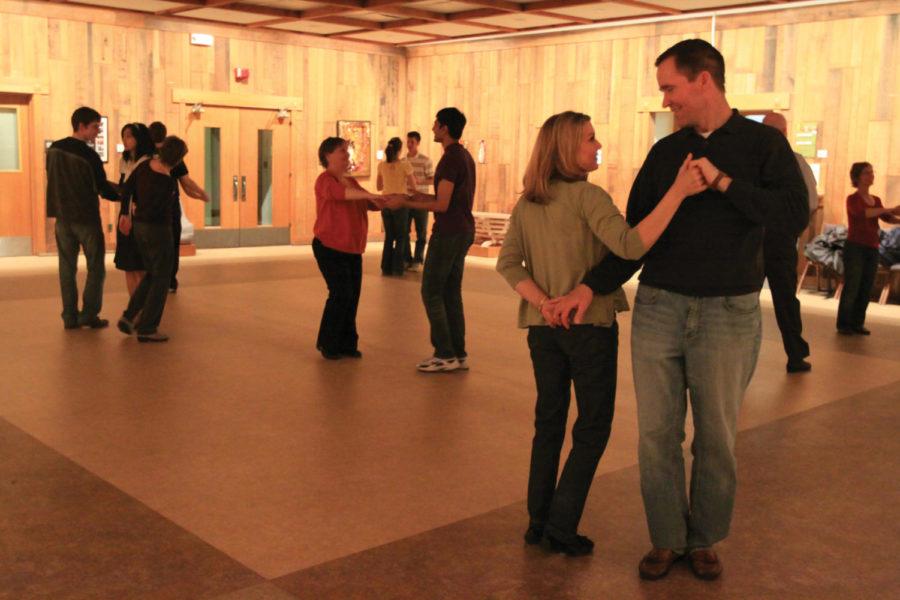 Cindy Stark and Tom Stark dance Tuesday at the Memorial Union to practice for their daughters wedding in June.




