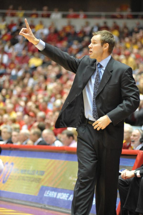 Coach+Fred+Hoiberg+guides+the+Cyclones+to+victory+during+the+game+against+Nebraska+Feb.+26+at+Hilton+Coliseum.+Iowa+State+defeated+Nebraska+83-82.+