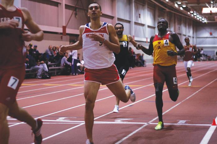 Elphas Sang crosses the finish line Saturday at the Lied Recreational Athletic Center where Iowa State held the NCAA Qualifier for track. Sang finished sixth with a time of 1:50.32.