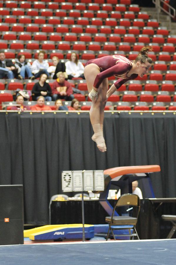 Shea Anderson is performs on floor during the meet vs. Minnesota on Friday at Hilton Coliseum. Anderson contributed a 9.775 to the team on floor. The Cyclones tied with Minnesota 195.325. 