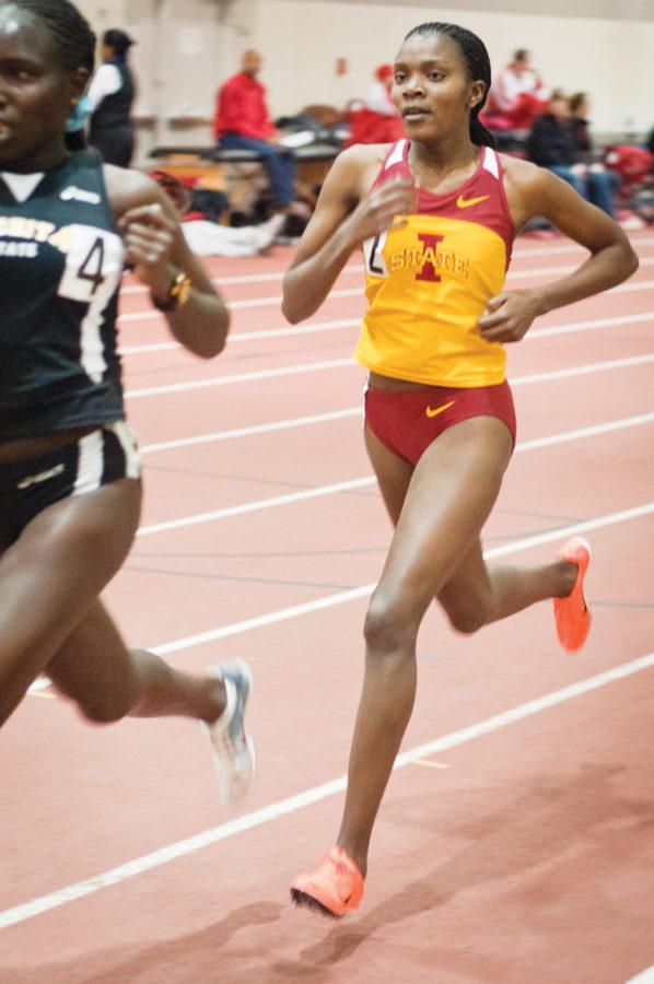 Iowa States Betsy Saina rounds one of her final laps during the Womens 5,000 meter run on Saturday at Lied Rec Center. Saina placed first with a time of 15 minutes and 50.74 seconds, putting her at the top of the Division I standings. Sainas victory also places her at the fifth-fastest time worldwide this season.