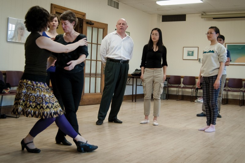 Valerie Williams, tango instructor for the Workspace, demonstrates how to maintain balance during a turn at her weekly tango class Sunday in the Memorial Union. "Since tango is mainly about technique rather than routine, anybody can dance with anybody," Williams explained. The class meets every Sunday at the Memorial Union from 4-7 p.m.