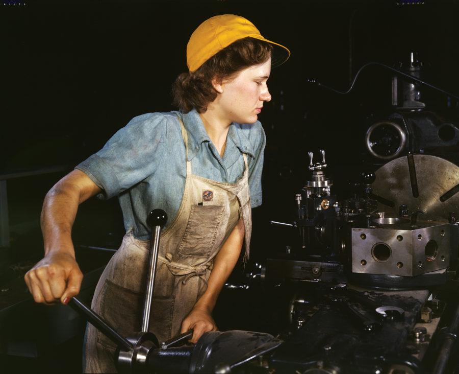A Lathe operator machines parts for transport planes at the Consolidated Aircraft Corporation plant, Fort Worth, Texas, in 1942. Columnist Sturgis believes that society is still a large factor in why women are not nearly as active in fields like engineering and mathematics.