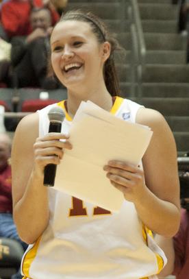 Senior Guard Kelsey Bolte addresses a crowd after the game Tuesday. Bolte played her last regular season home game March 1, 2011. The Iowa State women defeated the Kansas Jayhawks in a profound routing, 72-36. 