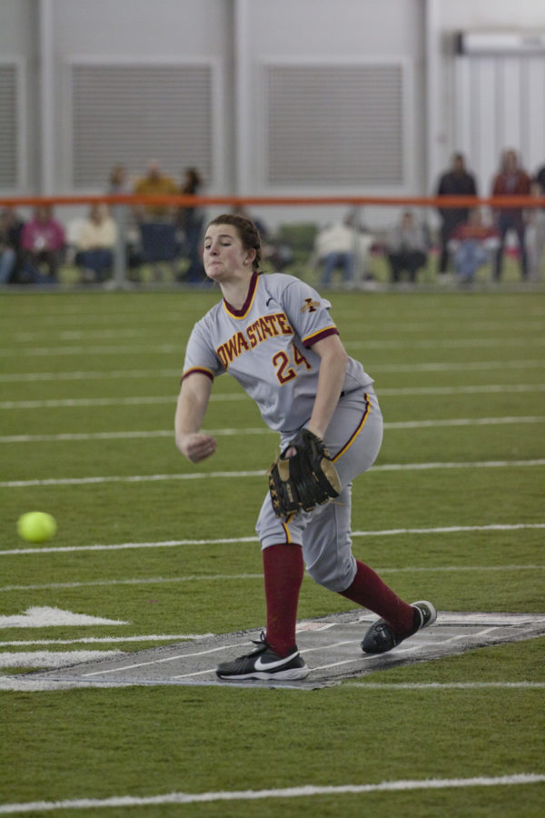 Sophomore Tori Torrescano pitches during the softball game against Valparaiso on Sunday, Feb. 13. Iowa State beat Valparaiso 11-4 at the Bergstrom Indoor Training Facility.