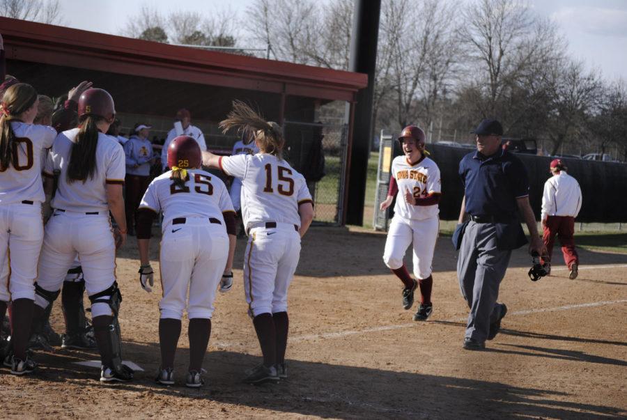 ISU+designated+hitter+Tori+Torrescano+approaches+home+after+hitting+a+game-ending+home+run+Tuesday+against+Northern+Iowa.+The+Cyclones+won+the+game+11-3+over+the+Panthers.+Torrescano+and+infielder+Erica+Miller+each+hit+two+home+runs%2C+setting+an+ISU+school+record+for+most+home+runs+in+a+game+with+four.