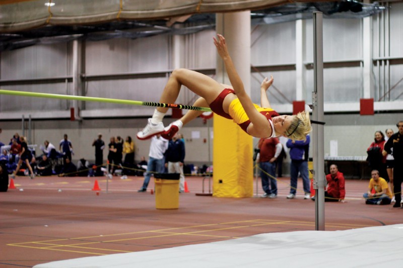 High jumper and volleyball hitter Hannah Willms during the high jump event during Saturdays session of the Iowa State Classic at Lied Rec Center. Willms placed second overall with a heigh of 5-11.50 feet.