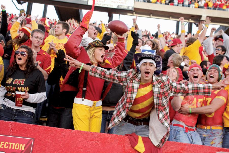 Cyclone fans celebrate after a Cyclone touchdown during the fourth quarter of the game against Nebraska on Saturday, Nov. 6 at Jack Trice Stadium.