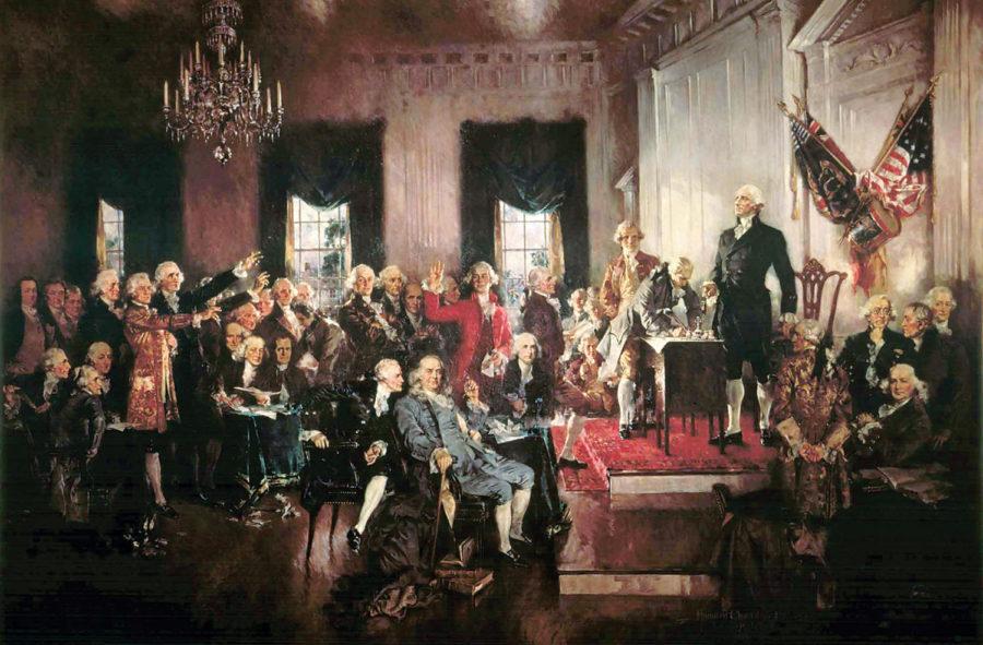 George Washington presides over the Constitutional Convention in this painting by Howard Chandler Christy.