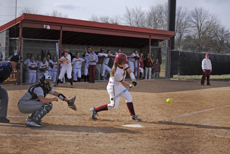 ISU catcher Amandine Habben takes a swing at a pitch during the fourth inning of the Cyclones 11-3 win over Northern Iowa on Tuesday, April 5.