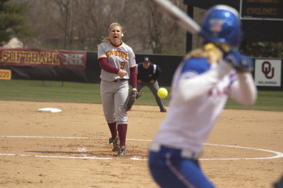 Pitcher Rachel Zabriskie hurls a pitch toward home plate against Kansas on Saturday, April 23. After picking up the win on Friday, Zabriskie struggled against the Jayhawks on Saturday. She pitched just one inning and gave up three runs on six hits. The Jayhawks came out on on top 8-6.