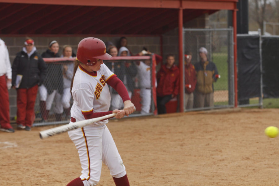Infielder Tori Torrescano takes her turn batting during the softball game against Drake on Thursday. Torrescano hit a home run at the end of the seventh inning, pushing the Cyclones score ahead of the Bulldogs and winning the game.