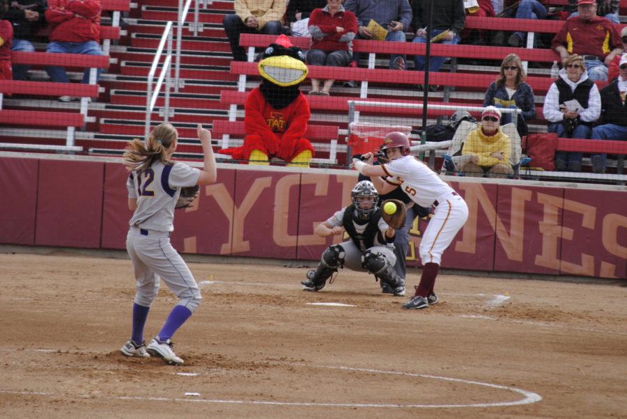 ISU catcher Amandine Habben leans away from an inside pitch in the second inning of Iowa States win over Northern Iowa on Tuesday, April 5. Habben went 1-for-2 with a walk during the Cyclones 11-3 win.
