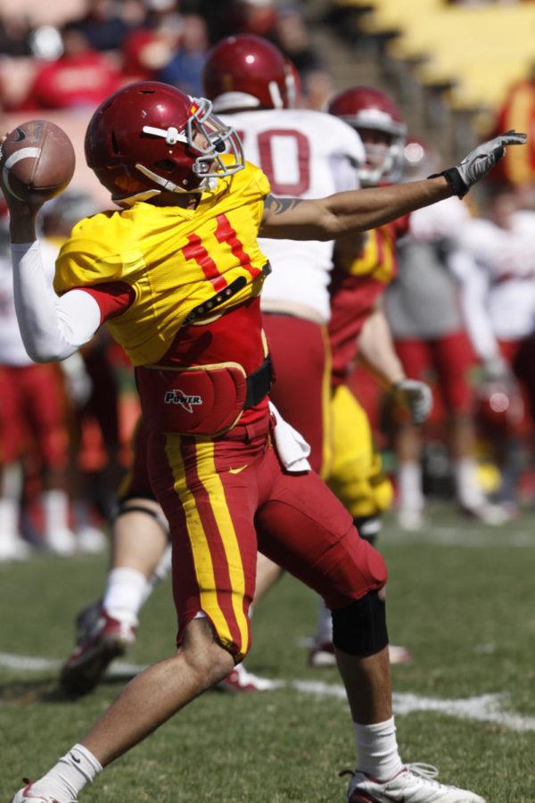 Quarterback Jerome Tiller passes the ball during the Spring Game on Saturday, April 16 at Jack Trice Stadium. Tiller passed for a total of 85 yards on the Gold team, while passing for 89 yards on the Cardinal team resulting in 1 touchdown for both teams.