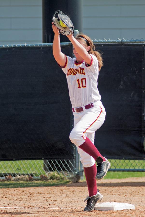 Infielder Erica Miller catches a fly during the Iowa State - Texas Tech game held Saturday, April 9th at Southwest Softball Complex. Miller posted 2 RBIs and 1 run.