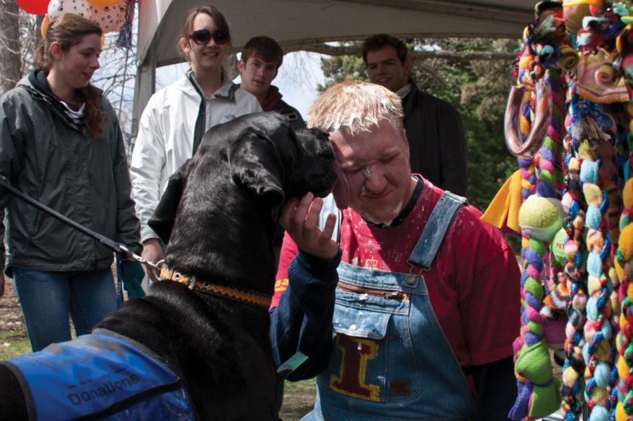 As conversations about Veishea arise again, people look back on the events that used to take place. In this photo from 2014, Joseph Thien lets a great dane lick cream off his face at the Students Helping Rescue Animals booth during Veishea Village on Central Campus.