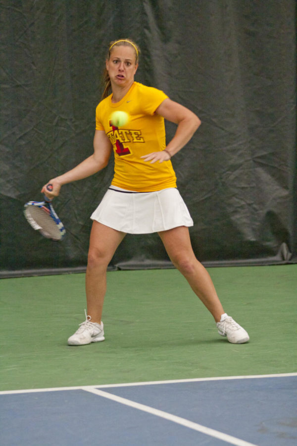 Senior Erin Karonis competes against Texas A&Ms Nazari Urbina during the match on Friday. Karonis lost to Urbina, and Iowa State lost overall with a score of 4-3.