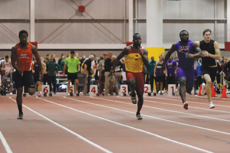 Sprinter Ian Warner during the 60-meter dash prelims during Saturdays session of the Iowa State Classic at Lied Rec Center. Warner advanced to the finals and placed second overall with a time of 6.72 seconds.