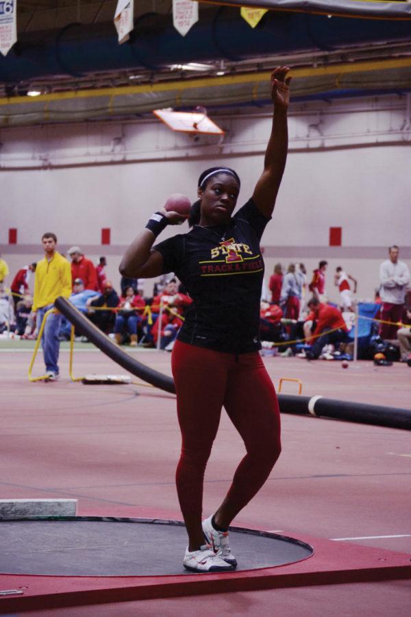 Thrower Laishema Hampton prepares to throw at the NCAA Qualifier track meet held Saturday at the Lied Recreational Athletic Center.