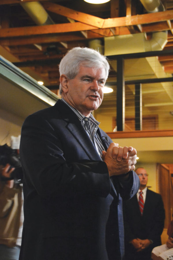 Republican presidential candidate Newt Gingrich speaks to Ames residents on May 19 at Olde Main Brewery. Gingrich made the sixth stop of his Iowa swing to talk about his plans for the government. 