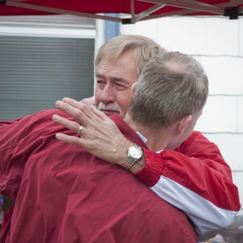 Keith Prange hugs Monty Brown after reading him a poem on Saturday at Montys retirement party.