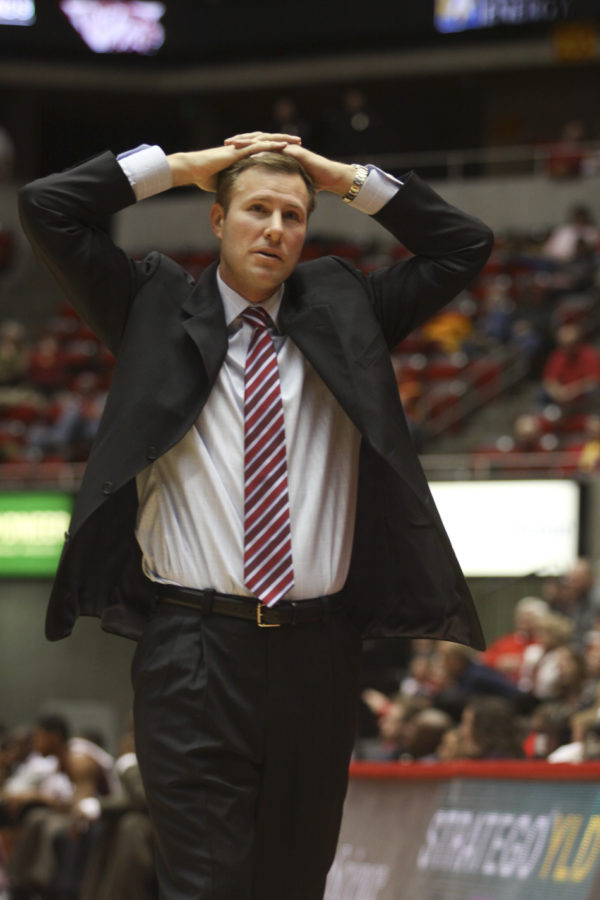 Coach Fred Hoiberg reacts to a call made during the second half of the Iowa State-Texas Southern game. Iowa State beat Texas Southern with a score of 65-54.